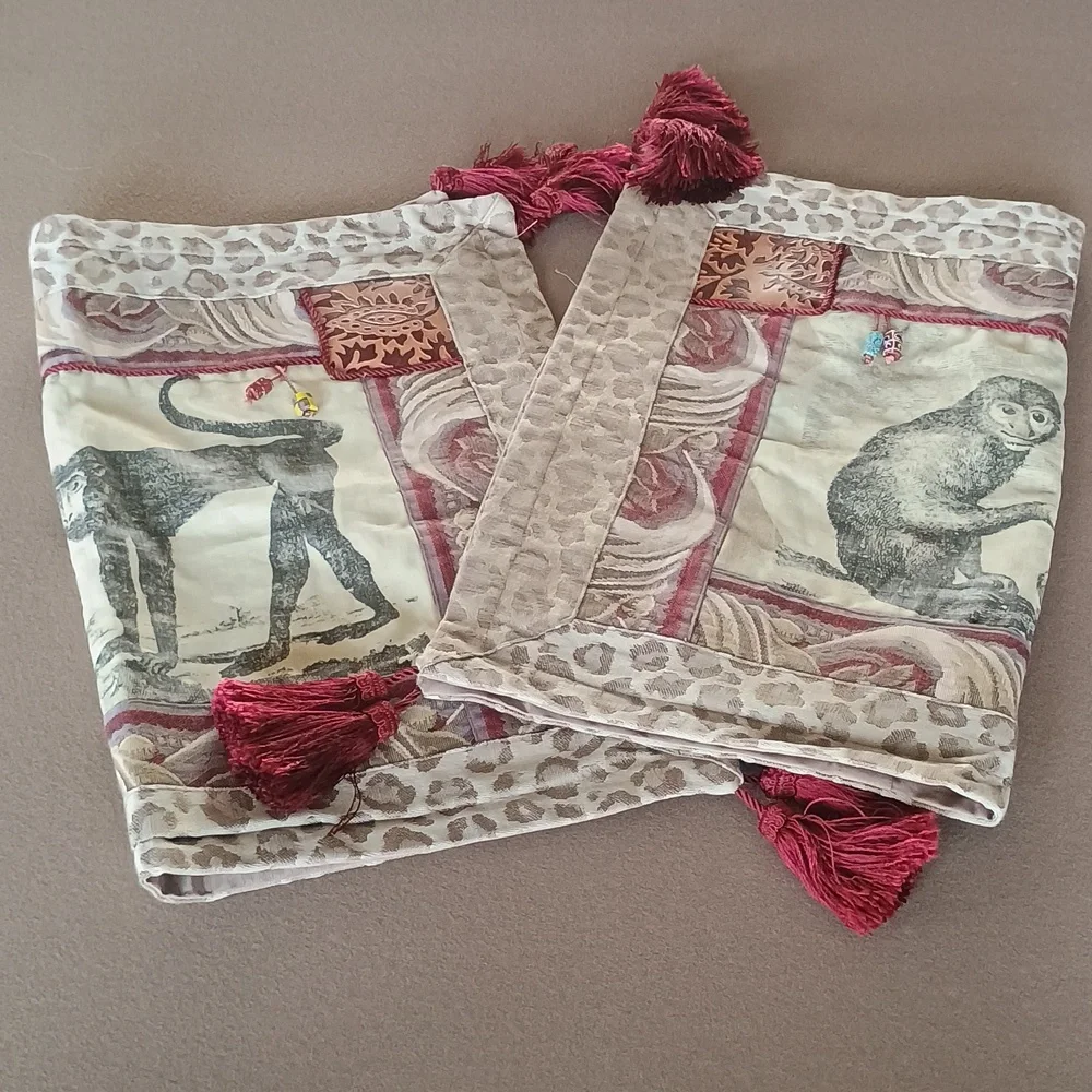PILLOW SHAMS SET OF TWO WITH MONKEYS AND TASSELS BURGUNDY TAN LEOPARD PRINT
